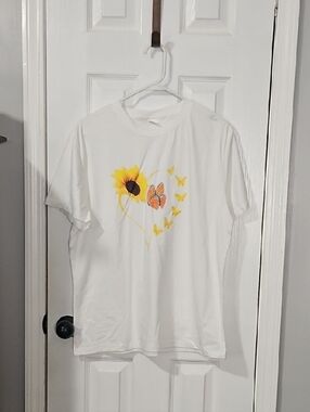 Rainbow White Sunflower & Orange Butterfly Heart Tee